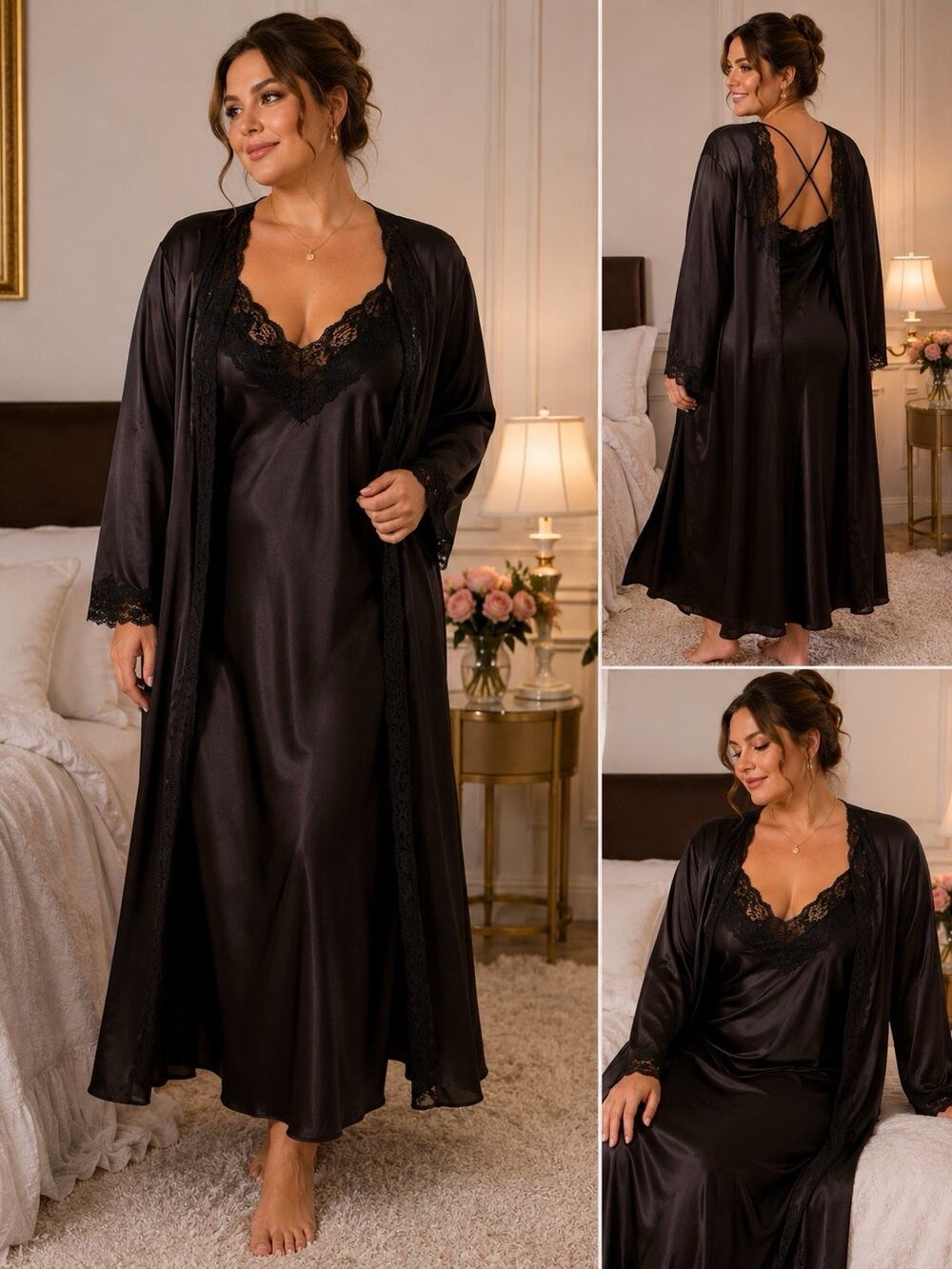 Amoureuse Two Piece Black Silky Satin Nightgown And Matching Robe Lingerie Sz 1X
